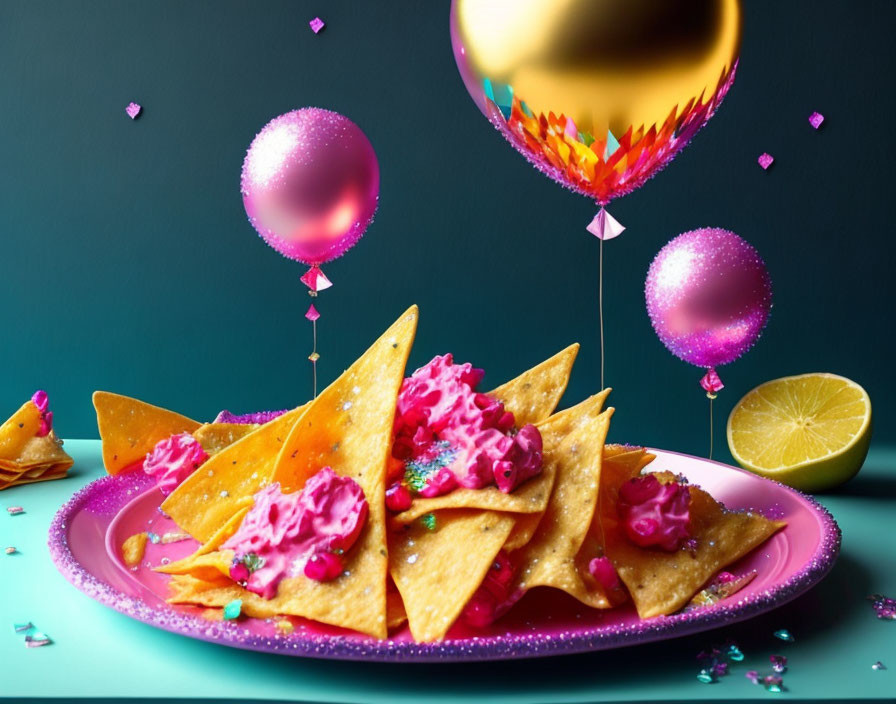 Colorful Fiesta Nachos Plate with Pink Toppings and Lemon Slice on Teal Background