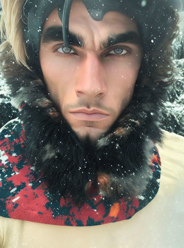 Person with Piercing Blue Eyes in Fur-lined Hood Amid Snowfall