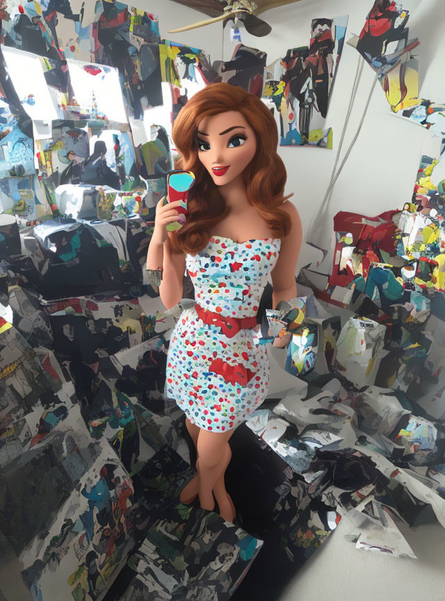 Auburn-Haired Woman in White Dress Selfie in Colorful Mirrored Room