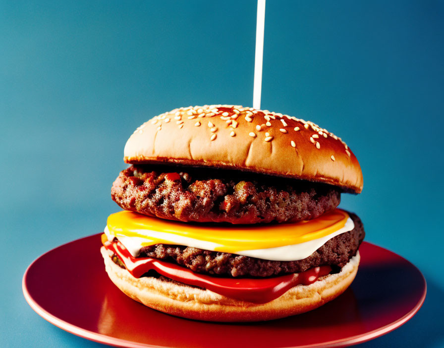 Double Cheeseburger with Two Beef Patties, Cheese, Lettuce, Tomato on Sesame Seed