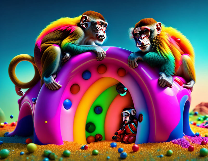 Colorful monkeys on rainbow structure with astronaut in fantasy setting