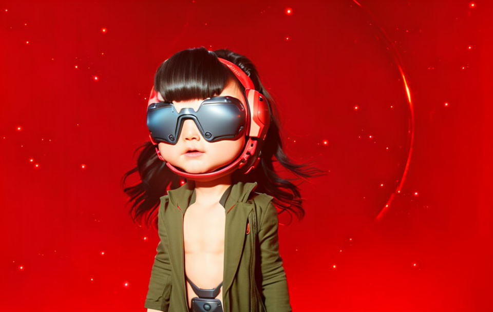 Child in futuristic goggles and headset in virtual reality setting.