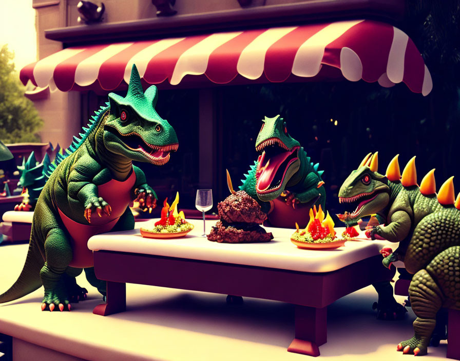 Cartoonish dinosaurs having a meal at park bench table