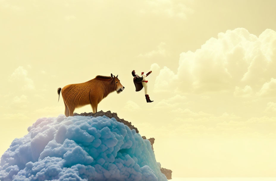 Businessperson leaping towards goat on surreal mountain peak