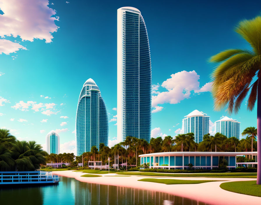 Modern skyscrapers and palm trees against a serene waterfront skyline.