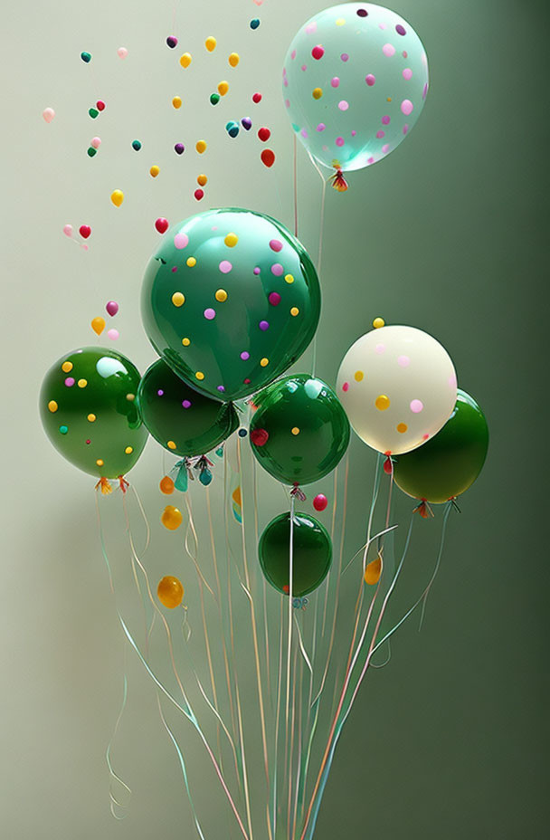 Colorful Polka Dot Balloons with Confetti on Soft Green Background