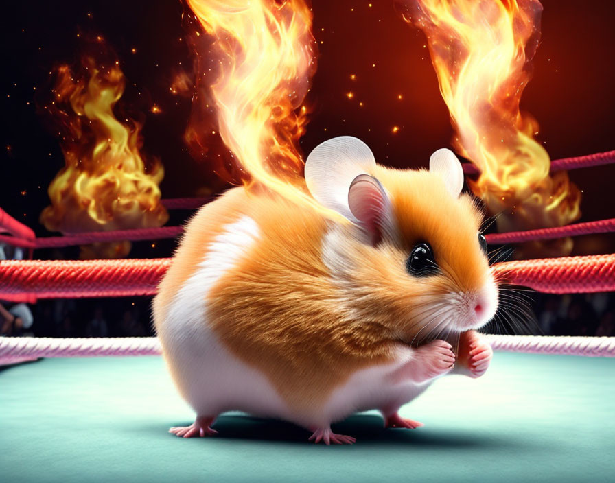 Chubby hamster with boxing gloves in fiery wrestling ring