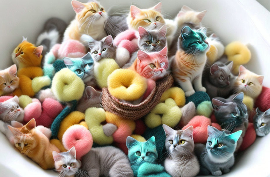 Colorful Cats Snuggled Together with Yarn Collars