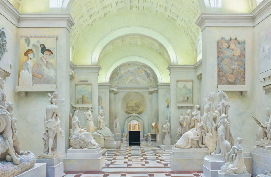 Luxurious art gallery with vaulted ceiling, marble floor, classical statues, and central walkway.