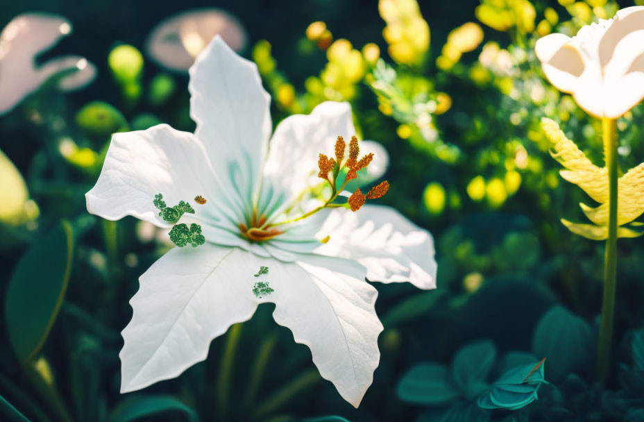 White Hibiscus Flower with Yellow Stigma in Lush Green Foliage