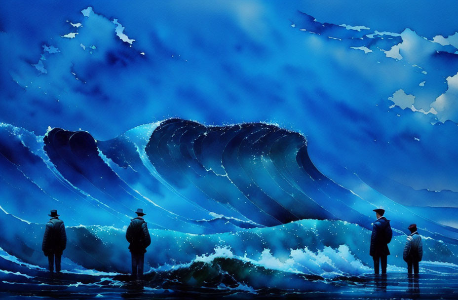 Silhouetted figures against towering blue waves under cloudy sky