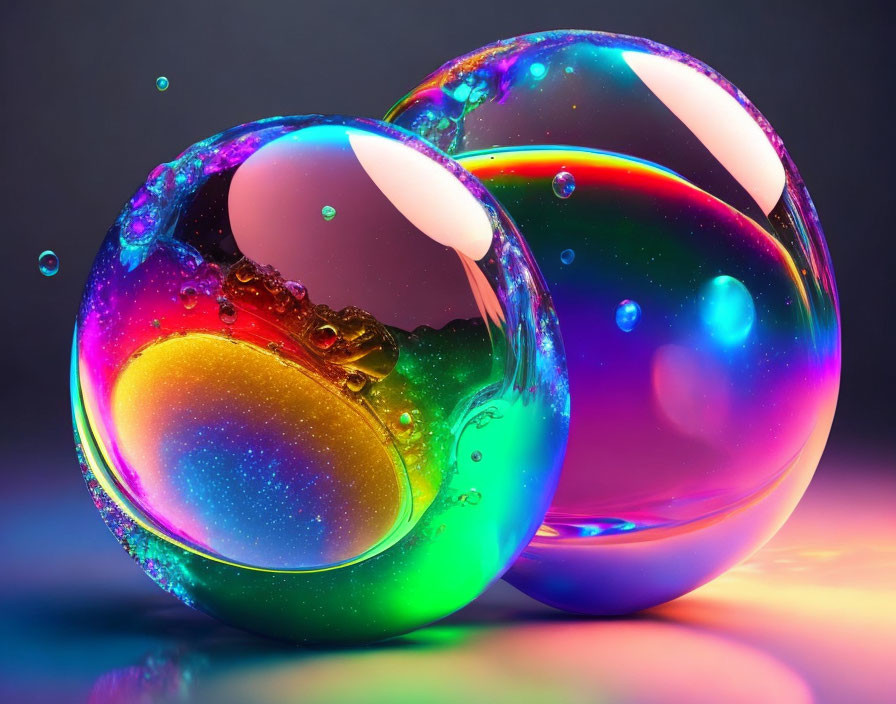 Iridescent soap bubbles with vibrant colors on dark background