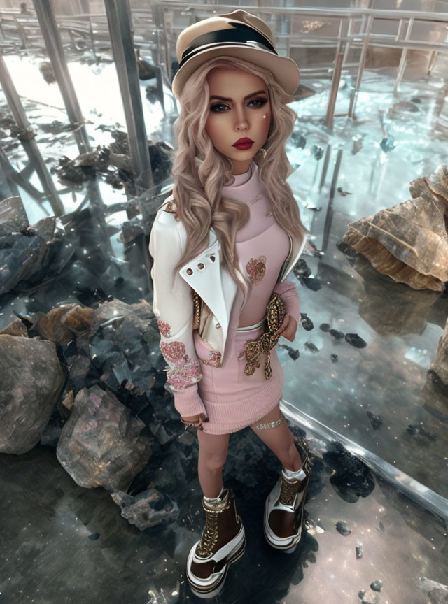 Blonde woman in pink outfit on transparent floor above rocks