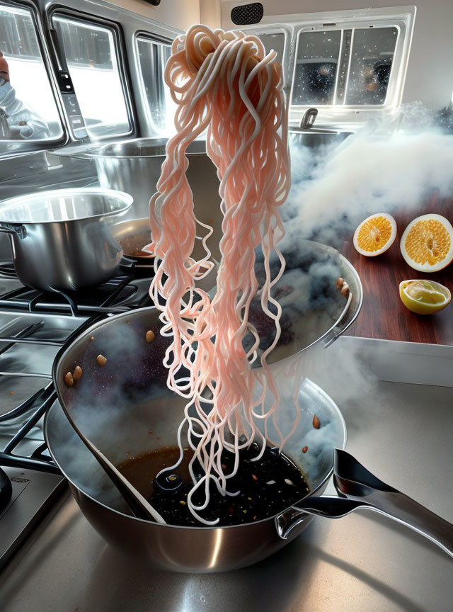 Steaming spaghetti noodles lifted from sauce in kitchen setting