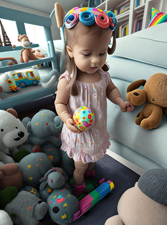 Toddler in goggles and pink dress with toys in colorful room