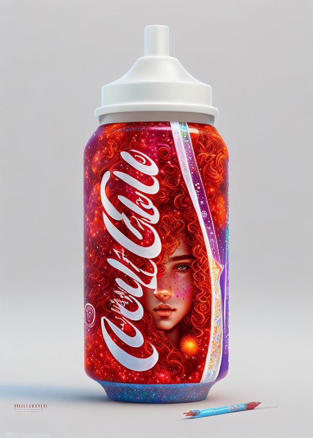 Vibrant cosmic design on Coca-Cola water bottle with woman's face in stars and galaxies