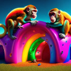 Colorful monkeys on rainbow structure with astronaut in fantasy setting