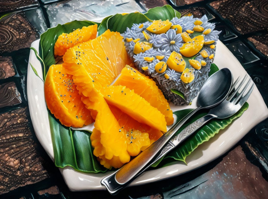 Colorful Papaya and Purple Rice Plate with Yellow Flowers on Banana Leaf