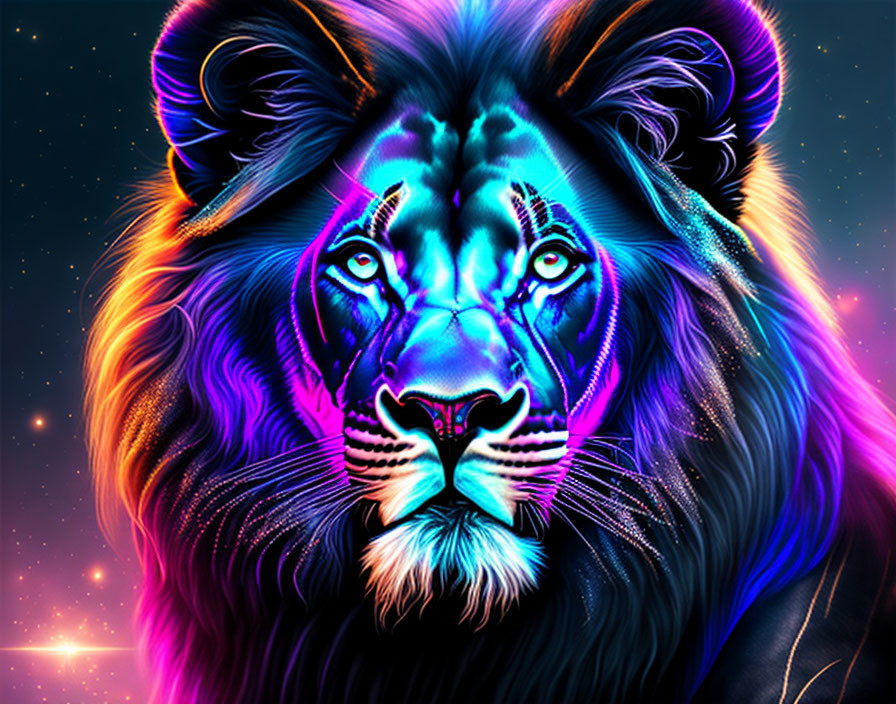 Colorful digital artwork: Lion with neon blue and purple hues on cosmic background