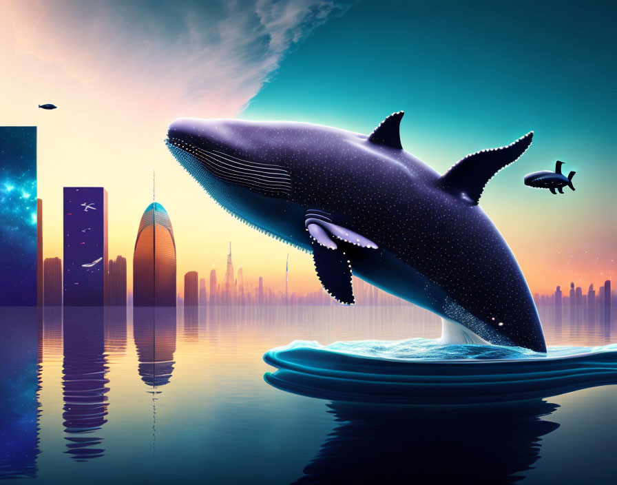 Giant whale leaps over calm water near futuristic city at dawn/dusk