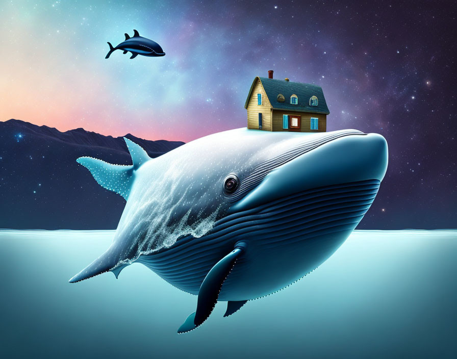 Giant blue whale illustration with yellow house, dolphin, and starry night sky