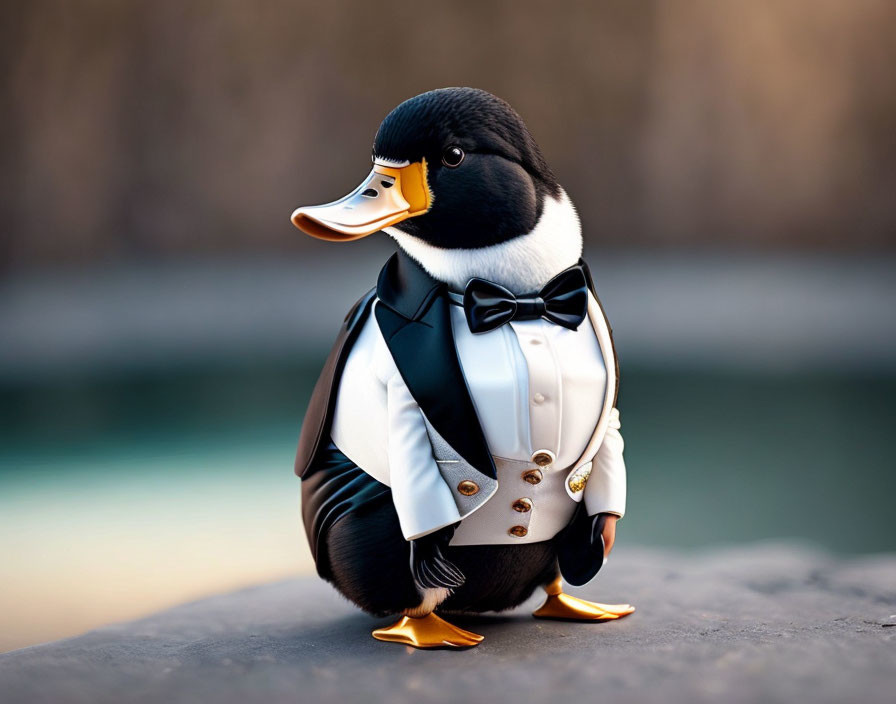 Cartoon Penguin Character in Tuxedo and Bow Tie on Rock