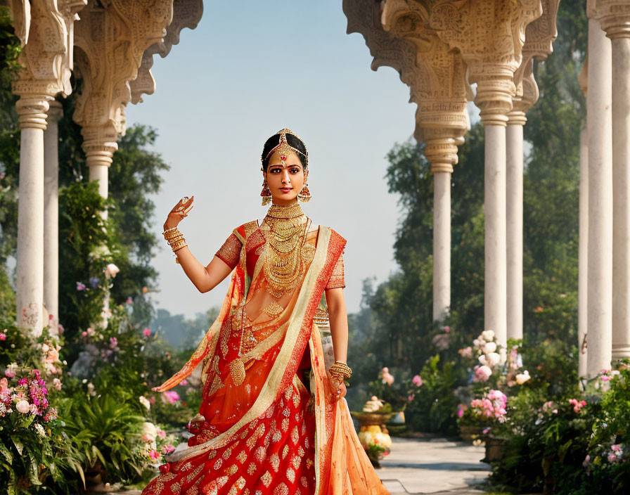 Traditional Indian Bridal Attire and Jewelry in Serene Garden Setting