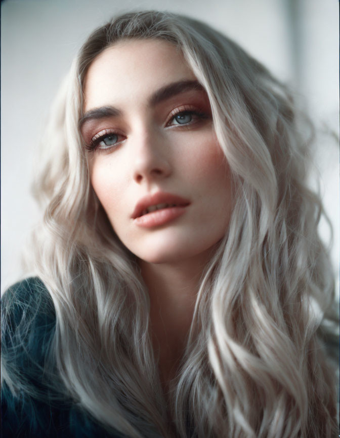 Blonde woman portrait with wavy hair and blue eyes.