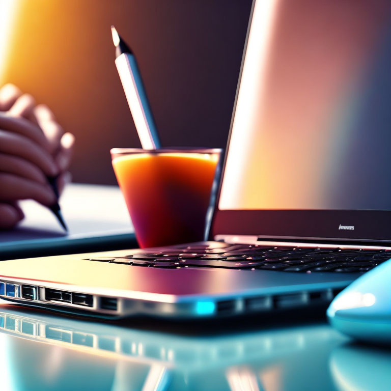 Person writing in notebook beside sleek laptop on reflective desk with warm light.