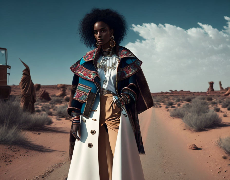 Curly-haired model showcases bold fashion in desert setting