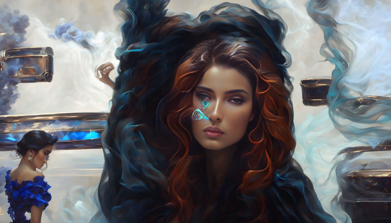 Digital art: Woman with auburn hair and blue crystal, surrounded by smoke and mirrors