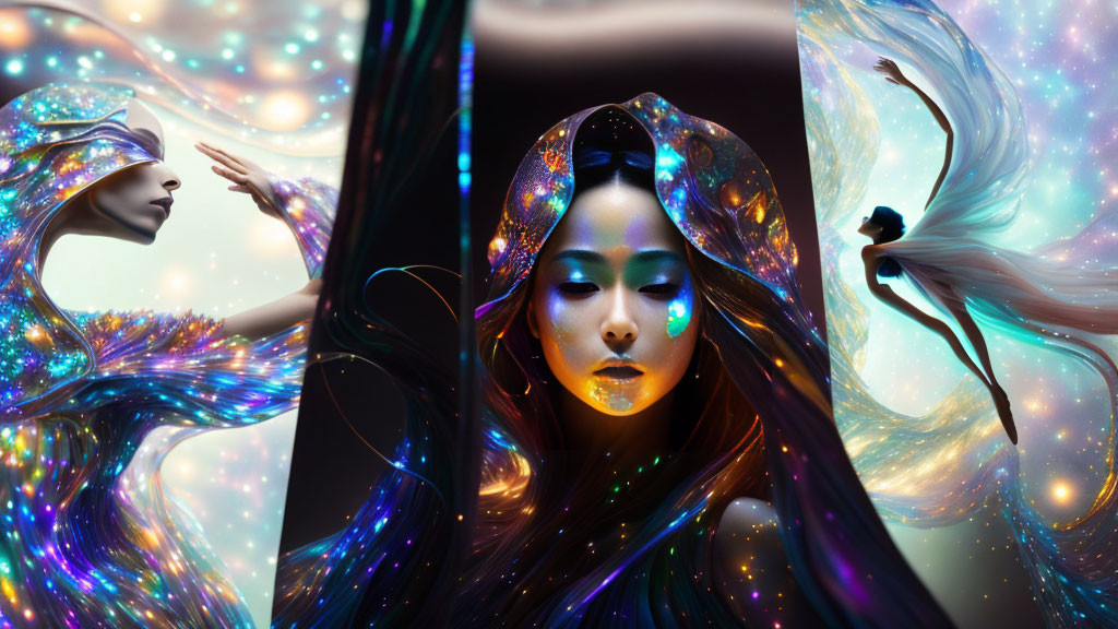 Vibrant Fantasy Triptych: Ethereal Beings in Neon Light