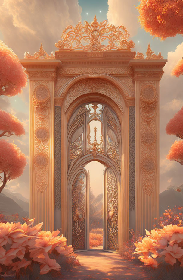 Golden Gate in Serene Landscape with Orange Foliage and Warm Sunlight