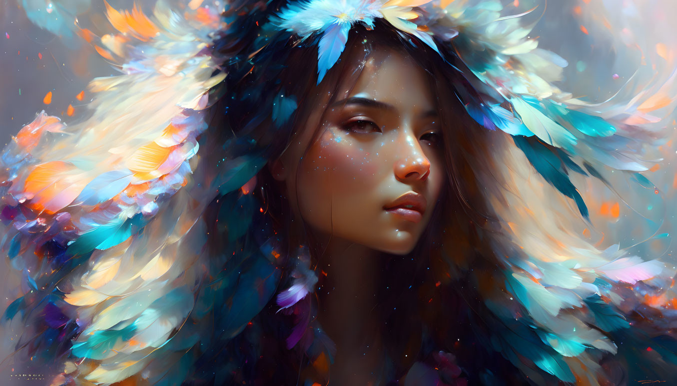 Colorful digital painting of woman with dynamic, feather-like strokes.