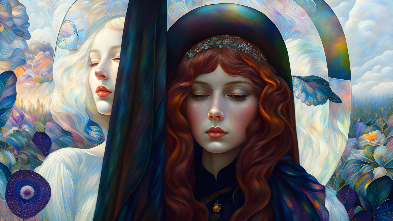 Surreal Artwork: Ethereal Women, Flowing Hair, Vibrant Butterflies