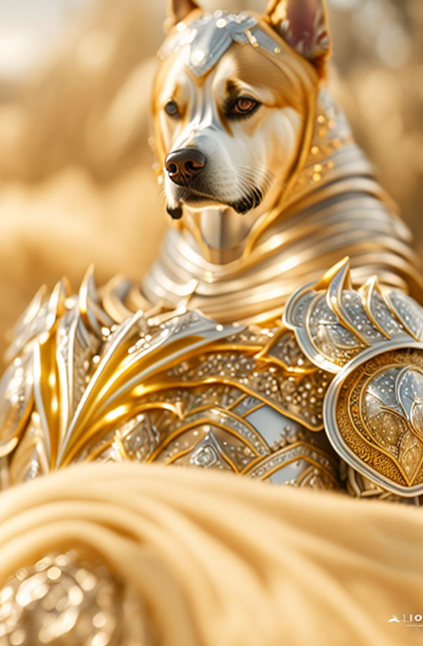 Regal dog in ornate golden armor against blurred background