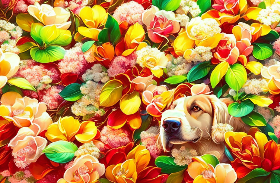 Vibrant Dog Illustration with Colorful Flowers