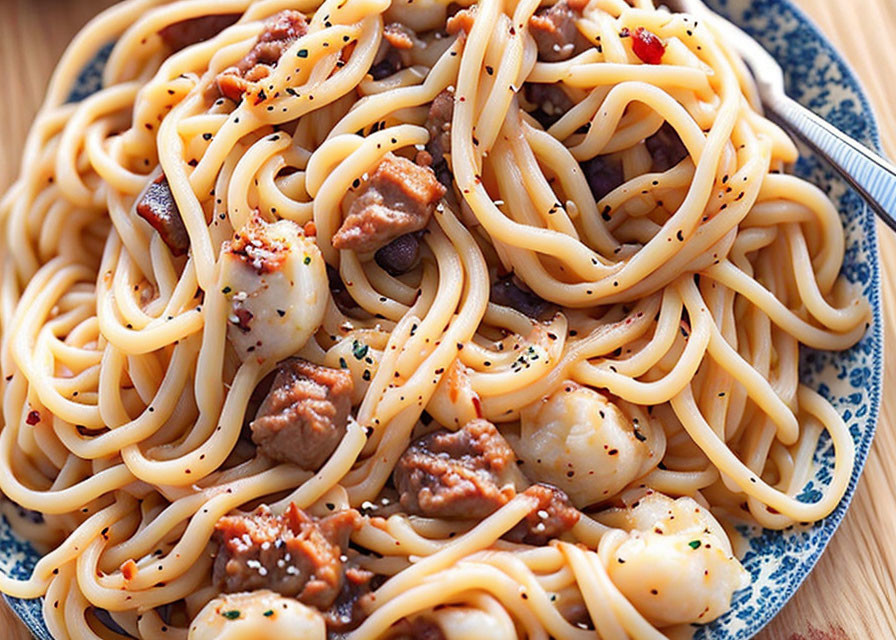 Spaghetti with Meat Chunks and Herbs, Spiced with Red Pepper Flakes