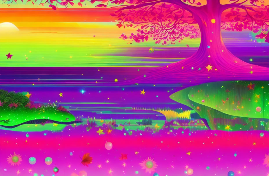 Colorful Fantasy Landscape with Neon Green Crocodile and Purple Tree