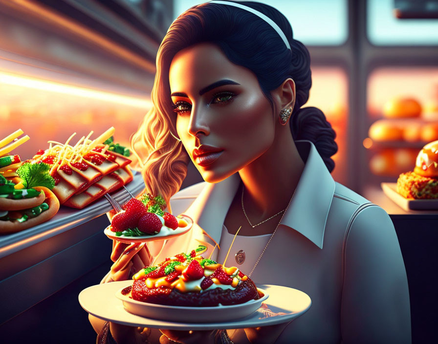 Elegant woman with strawberry desserts in retro diner