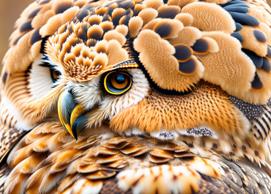 Colorful Owl with Intricate Feathers and Yellow Eyes