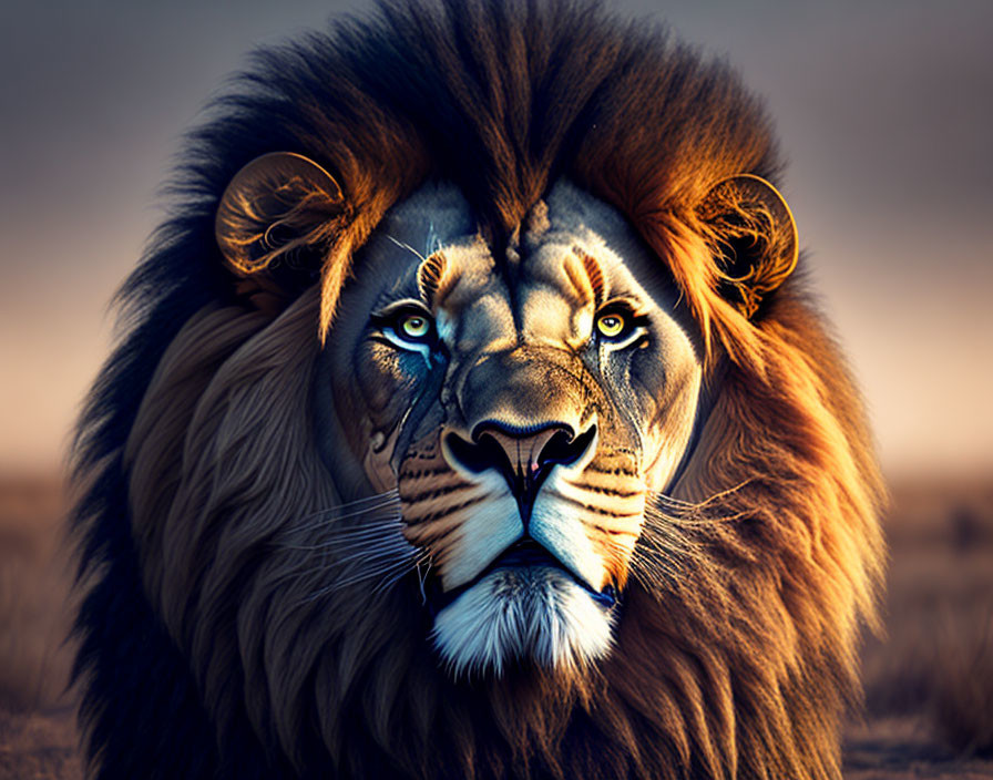 Majestic lion with full mane in savanna setting at dawn or dusk