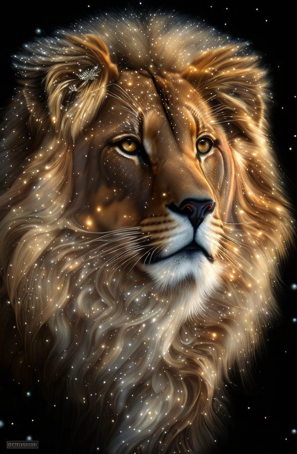 Starry Mane Lion on Dark Background