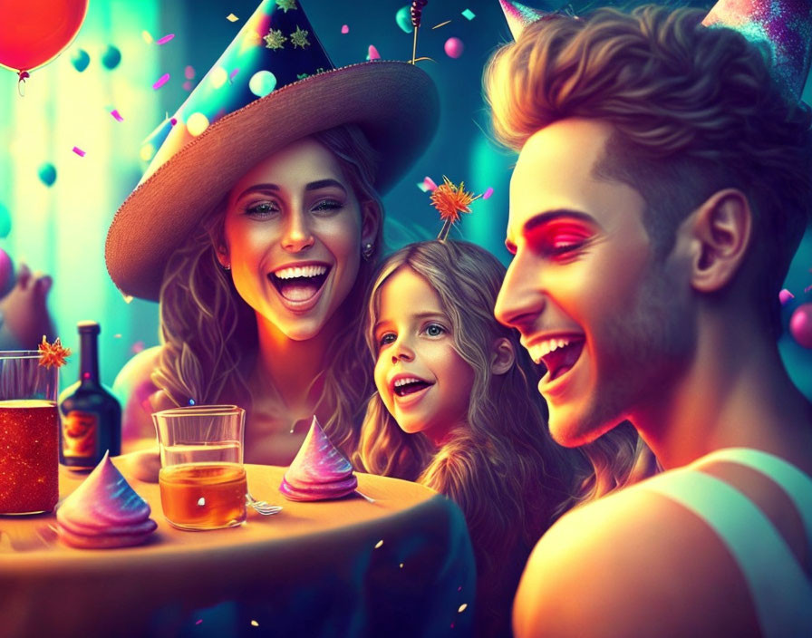 Family Celebrating Colorful Party with Hats, Horns, and Drinks