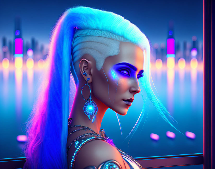 Futuristic woman with glowing blue hair and tattoos in neon cityscape