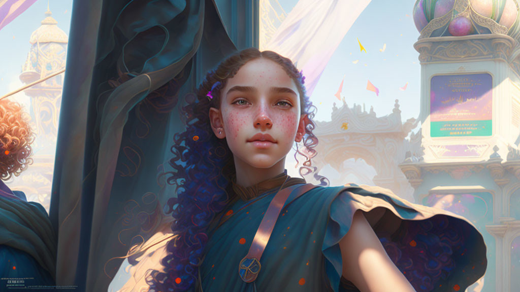 Young girl with freckles in blue cape, fantasy castle, and floating banners.