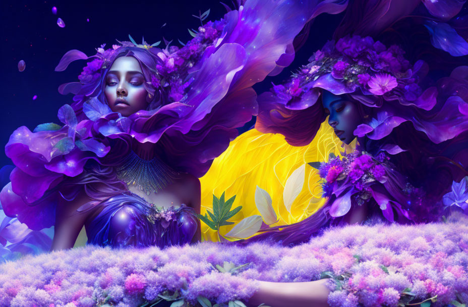 Ethereal women in blue and yellow amidst vibrant purple flowers