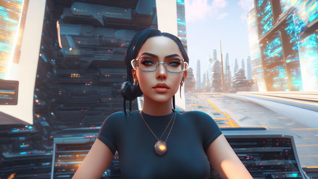 Digital illustration: Woman with headphones and glasses in futuristic cityscape