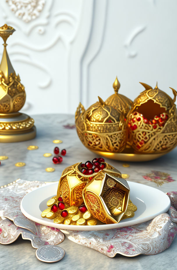 Intricate golden crown with jewels on white plate, berries, coins, elegant backdrop