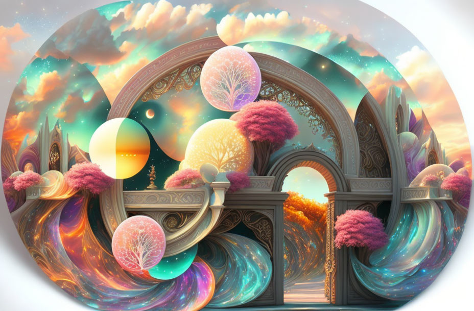 Vibrant fantasy landscape with architectural structures and floating orbs in circular frame